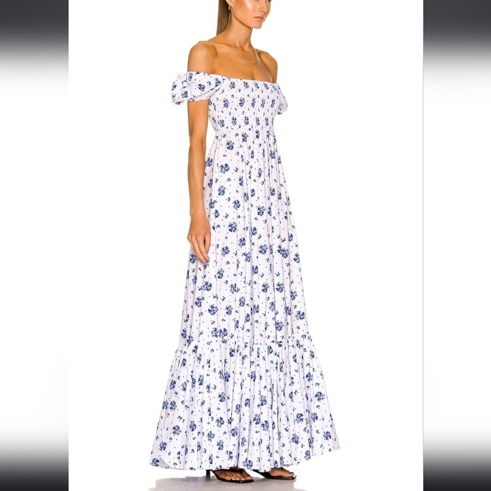 Caroline Constas Gianna Smocked Puff Sleeve Maxi Dress Blue Spot Floral Size XL - Picture 3 of 14